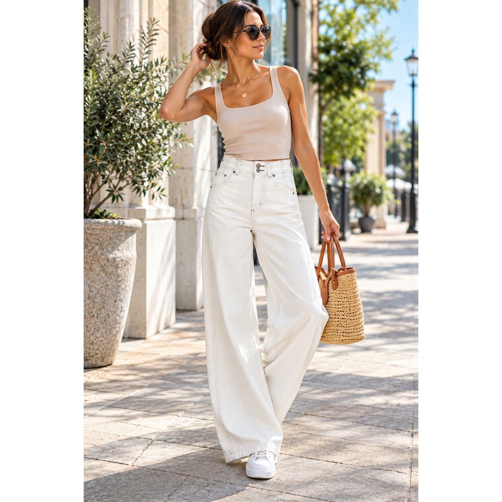 We The Free Free People Wide Leg Jeans Cream Off White Contrast Stitch Size 25